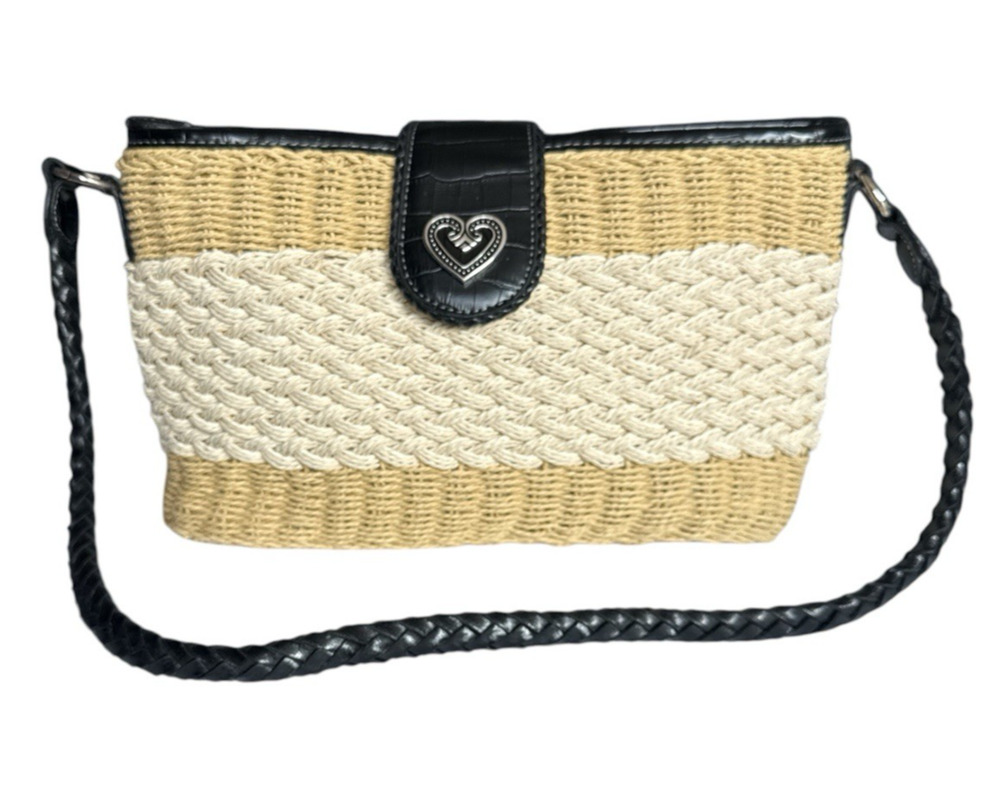 Coldwater Creek Woven Straw Jute Shoulder Bag Beige Leather Trim Heart Closure